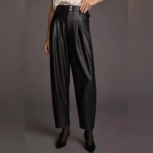 Anthropologie Maeve Faux Leather Black High-Waisted Taper Trousers Size 6 - Picture 4 of 11